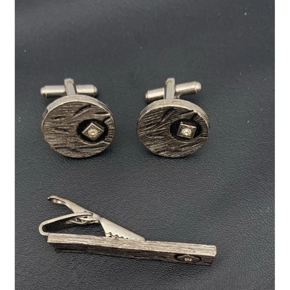 Vintage Silver Tone Wood Grain Abstract Look W Rhinestone Tie Clip & Cufflinks